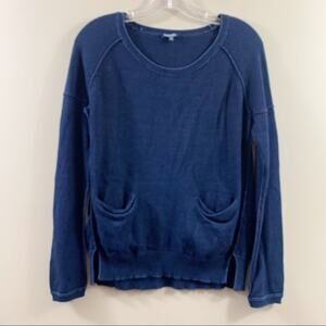 Splendid Knit Seamed Front Pocket Split Side Scoop Neck Navy Blue Sweater